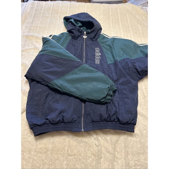 ADIDAS Bomber Jacket Green Blue Rain Proof Quilted Lining Elastic Cuff Band - Picture 9 of 9